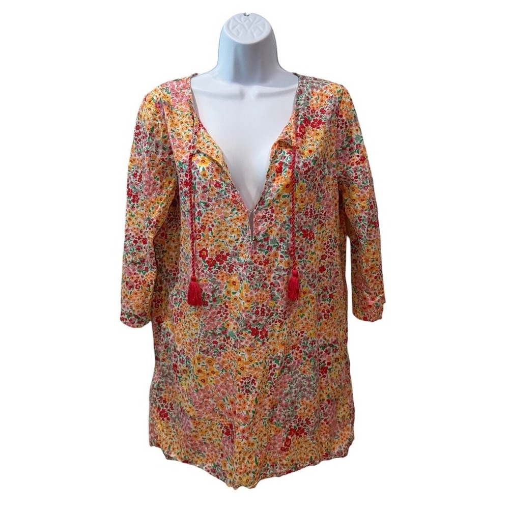 J.Crew Re-Imagined Floral Tunic Top Multicolor Tassel V-Neck Cotton Small